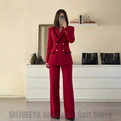 Women's Red Suit Two Piece Set Double Breasted Blazer with Black Trim and Pants Elegant Formal Fashion Daily Casual Party Tuxedo Good Vibrations