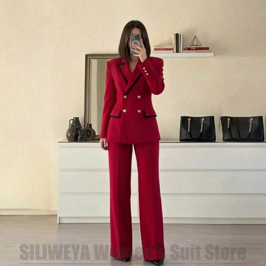 Women's Red Suit Two Piece Set Double Breasted Blazer with Black Trim and Pants Elegant Formal Fashion Daily Casual Party Tuxedo Good Vibrations