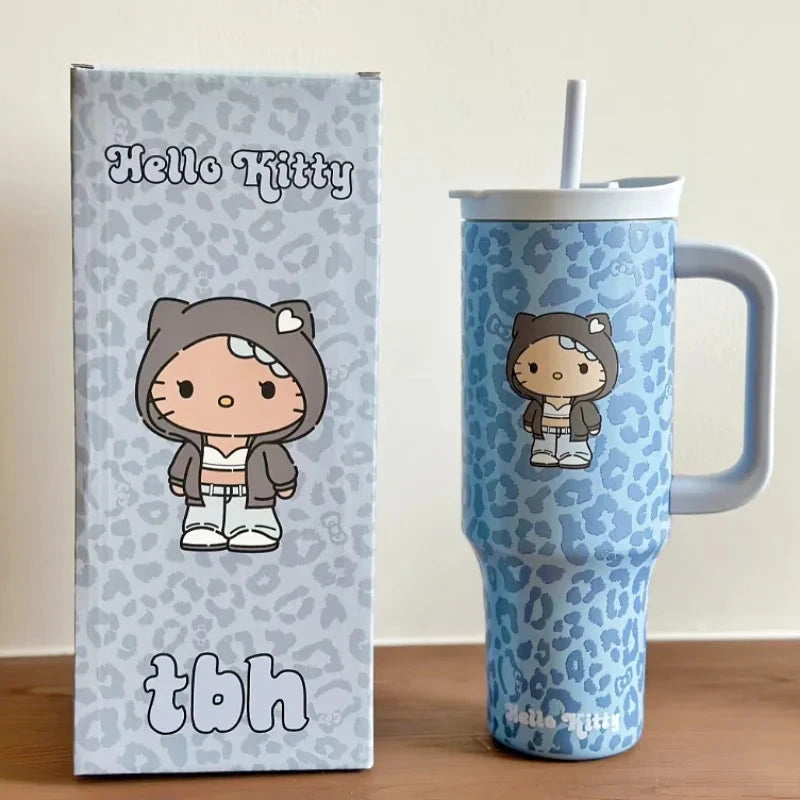 TBH Leopard Print Kitty Series Straw Thermos Cup Travel Sports Water Bottle Stainless Steel Cold Insulation Cup Girls Gift Good Vibrations