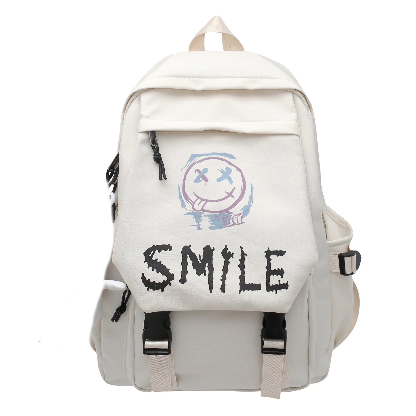 Pocket Front Backpack, Preppy Style Solid Color Nylon  Bookbag, Kawaii Large Capacity Double Handle School Bag Good Vibrations