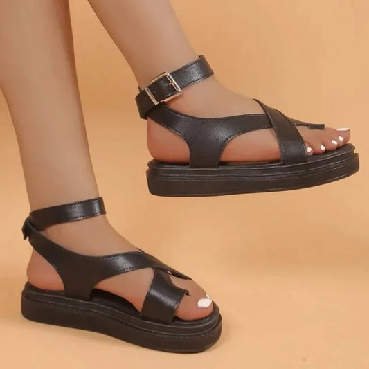 Large Size New Fashion Style Thick Heel Women Sandal Outdoor Wear Loop Buckle Slip-On Casual Comfortable PU Leather Sandals Good Vibrations