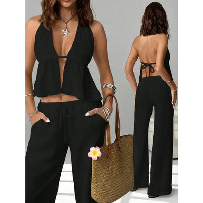 Women 2 Piece Outfits Halter Backless Tie Up Crop Top and Wide Leg Pants Casual Summer Vacation Two Piece Loungewear Tracksuit Good Vibrations
