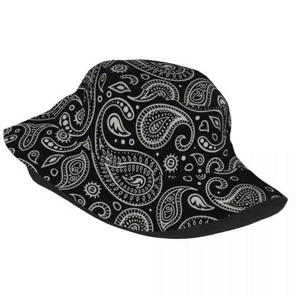 Black Paisley Pattern Bandana Print Bucket Hats Women Men Unisex Trendy Summer Fisherman's Hat Good Vibrations