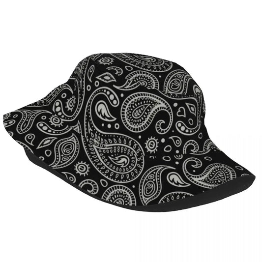 Black Paisley Pattern Bandana Print Bucket Hats Women Men Unisex Trendy Summer Fisherman's Hat Good Vibrations