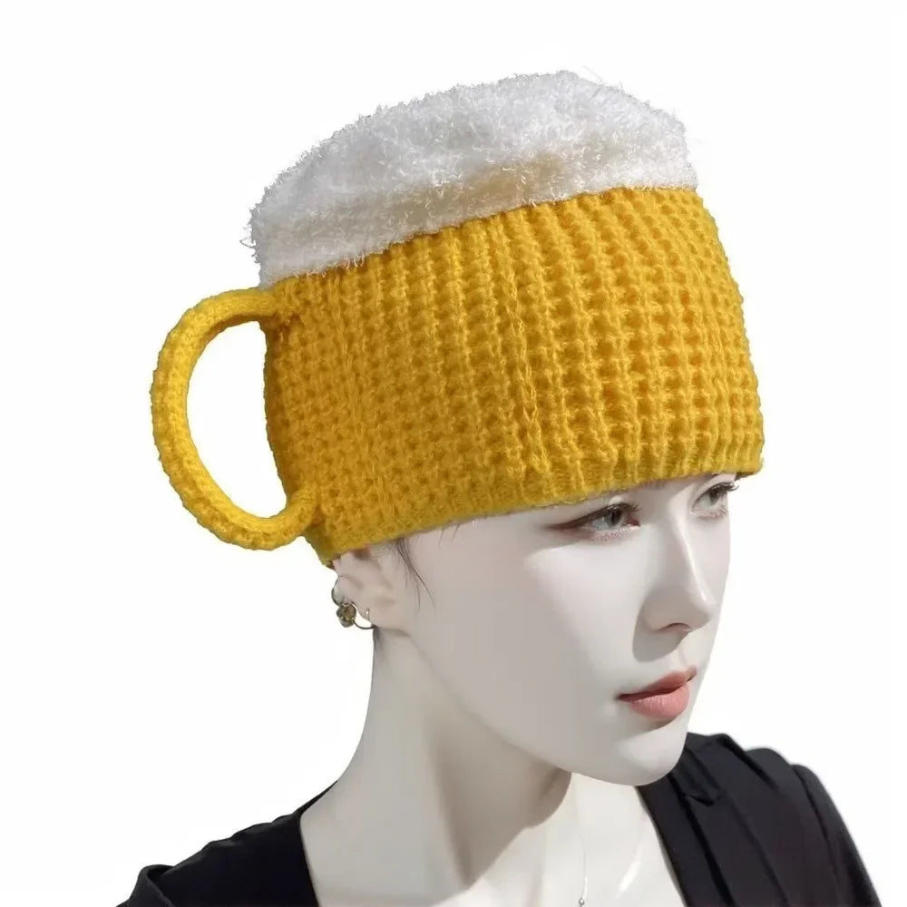 3D Beer Cup Hat Funny Creative Knitted Pullover Cap Autumn Winter Versatile Unisex Warm Hairline Cap Beer Lovers' Year Presents Good Vibrations
