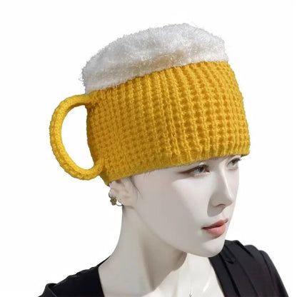 3D Beer Cup Hat Funny Creative Knitted Pullover Cap Autumn Winter Versatile Unisex Warm Hairline Cap Beer Lovers' Year Presents Good Vibrations