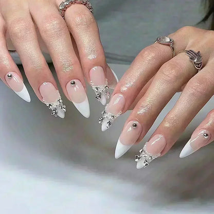 24Pcs False Nails Spicy Girl Silver Bow with Diamond Fake Nails with Glue Almond Press on Nails Black Cool Y2k Almond Nail Set Good Vibrations