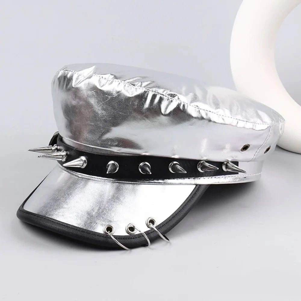 Retro Hip-hop Rivet Leopard Hat Harajuku Punk Y2k Beret Hat Gothic Silver Flat Top Cap for Girls Good Vibrations