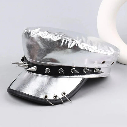 Retro Hip-hop Rivet Leopard Hat Harajuku Punk Y2k Beret Hat Gothic Silver Flat Top Cap for Girls Good Vibrations