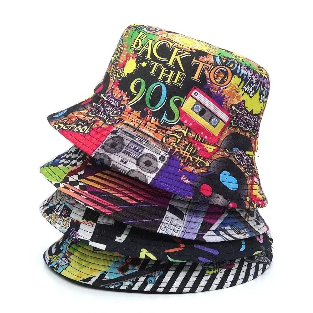 Women Bucket Hat Fashion Design Print 90's Panama Hats Female Vintage Fisherman Unisex Sun Cap Dropshipping Good Vibrations
