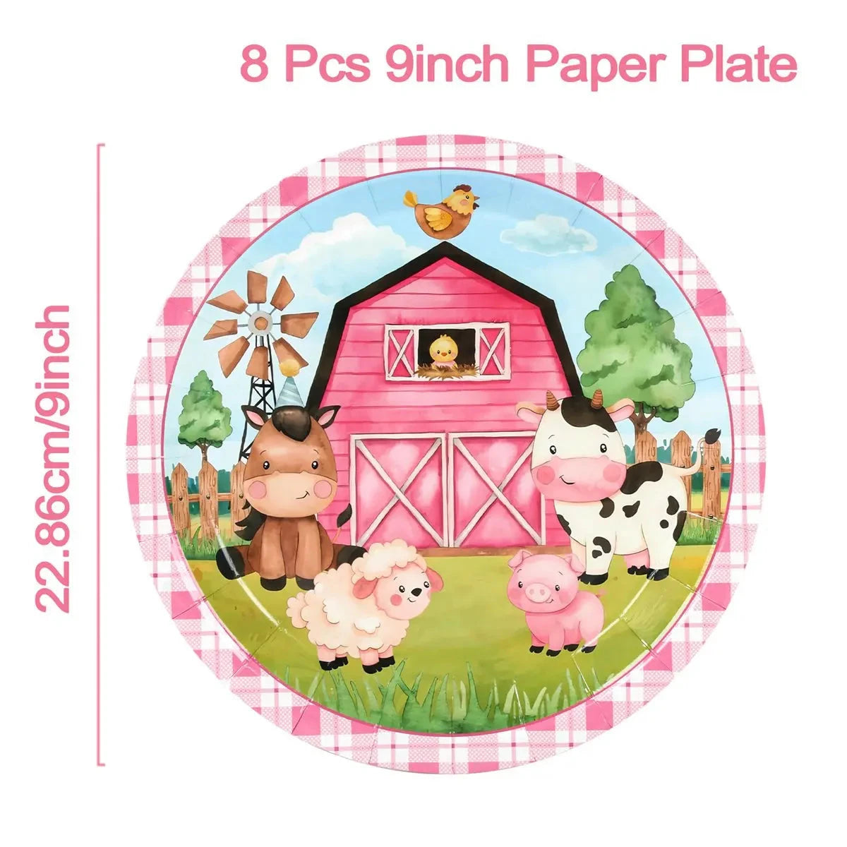 Pink Farm Party Birthday Decorations Disposable Tableware Paper Plates Cups Napkin Baby Shower Kids Girls Birthday Party Decor Good Vibrations