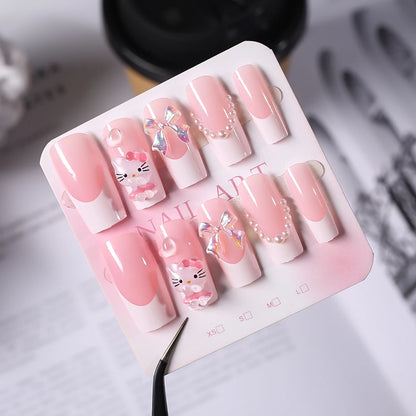 Pink French Fake Nails 3D Pink Hello Kitty, Aurora Bow, Pearl Design False Nail Medium Coffin Shaped Full Cover Press On Nails Good Vibrations