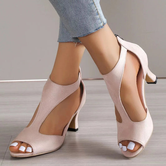 High Heel Womens Fashion Shoes - Zipper Back Closure Chunky French Heel, Round Toe T-strap Design Faux Leather Upper Rubber Sole Good Vibrations