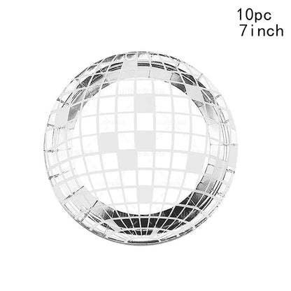 Disco Sliver Disposable Tableware Party Supplies Set Paper Plates Cups Napkins Cake Topper  Kids Baby Birthday Shower  Wedding Good Vibrations