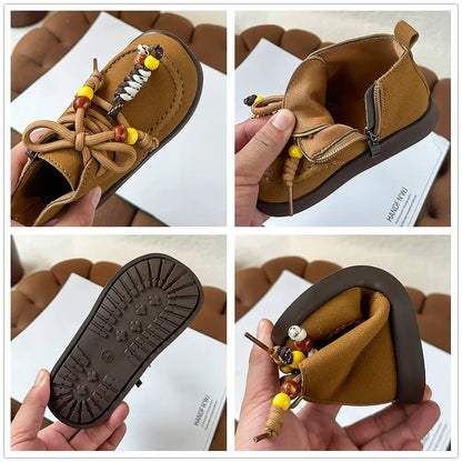 High Top Casual Shoes for Girls 2025 New Autumn Toddler Walking Shoes with Cute Ornament Soft Sole Simple Retro Kid School Flats Good Vibrations