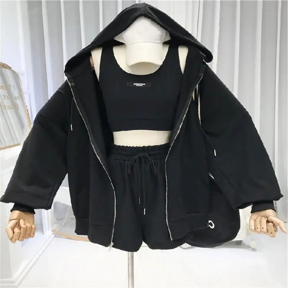 Women Coat Super Soft Sports Jacket Polyester Keep Warm  Simple Three Pieces Drawstring Shorts Vest Thin Coat Set Good Vibrations