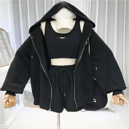 Women Coat Super Soft Sports Jacket Polyester Keep Warm  Simple Three Pieces Drawstring Shorts Vest Thin Coat Set Good Vibrations