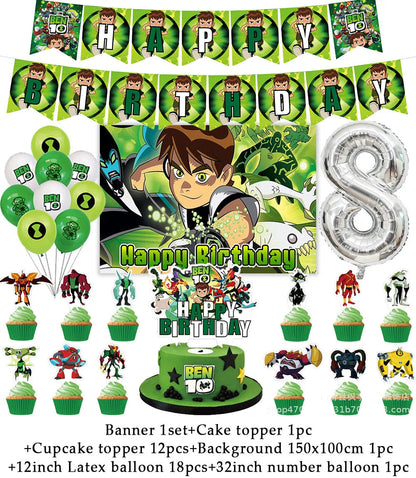 Cartoon Ben-10 Birthday Party Decoration Balloons Favor Set Banner Cake Toppers Baby Shower Boys Gift Party Supplies Photo Prop Good Vibrations