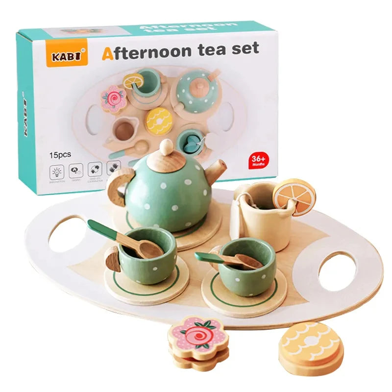 Wooden Afternoon Tea Set Toy Pretend Play Food Learning Role Play Game Early Educational Toys for Toddlers Girls Boys Kids Gifts Good Vibrations