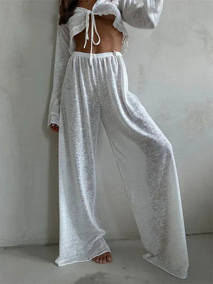 Casual Fashion 2 Piece-Set Trousers For Women V-Neck Lace-Up Long Sleeve Top And High Waist Women's Pants Outfits Female Good Vibrations