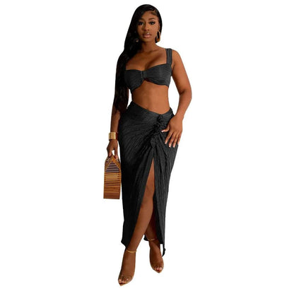 Summer dresses two-piece set with backless halter top and high waist side slit pleated skirt, ideal for lady streetwear.