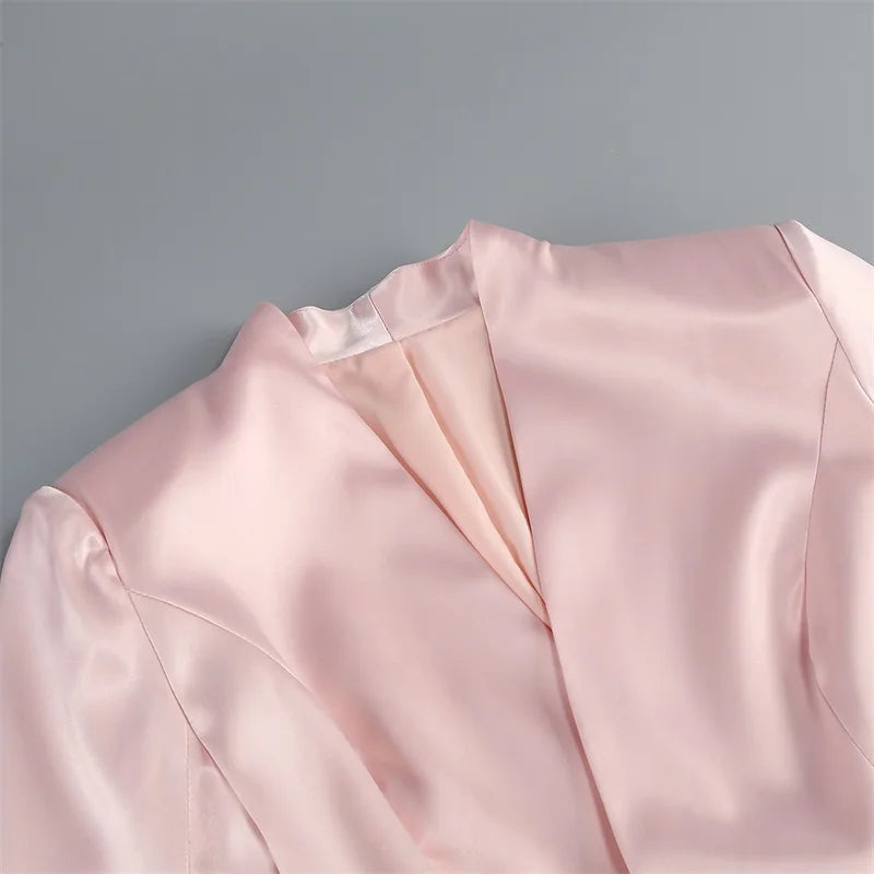 Women Pink Blazer Dress Set, Elegant Sleeveless Top, and Flowy High-Low Chiffon Skirt with Sheer Hem for Wedding Party In Stoc Good Vibrations