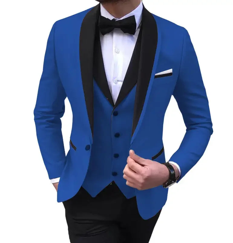 3 Piece Blue Slit Mens Suits Black Shawl Lapel Casual Tuxedos for Wedding Groomsmen Suits Men (blazer+vest+pants) Good Vibrations