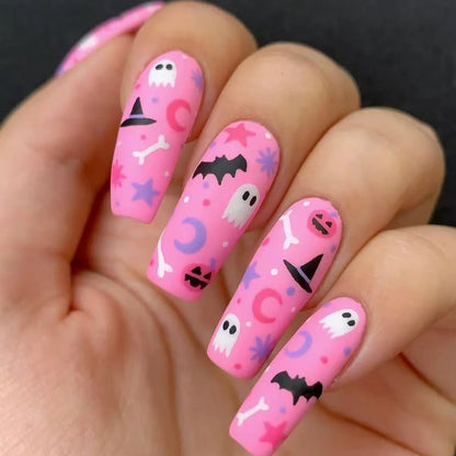 24pcs Pink Long Coffin Fake Nail Tips Halloween Ghost Bat Print Press on Nail Wearable Detachable European Long False Nails Good Vibrations