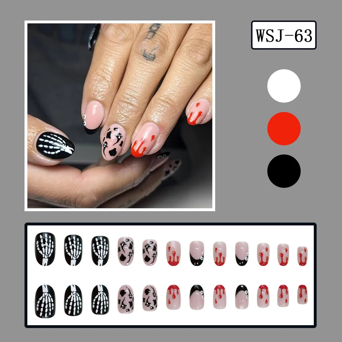 24pcs Pink Long Coffin Fake Nail Tips Halloween Ghost Bat Print Press on Nail Wearable Detachable European Long False Nails Good Vibrations