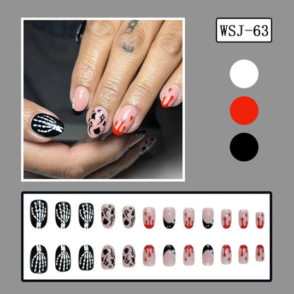 24pcs Pink Long Coffin Fake Nail Tips Halloween Ghost Bat Print Press on Nail Wearable Detachable European Long False Nails Good Vibrations