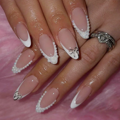 White French Press on Nails 3D Bowknot Fake Nails Tips Full Cover Wearable False Nails for Women and Girls DIY Manicure 24Pcs Good Vibrations