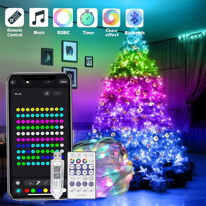 Christmas Tree Lights Outdoor Indoor, 100LED 10M WS2812B RGBIC Lights, String Lights IP65 Waterproof Bluetooth Fairy LED String Good Vibrations