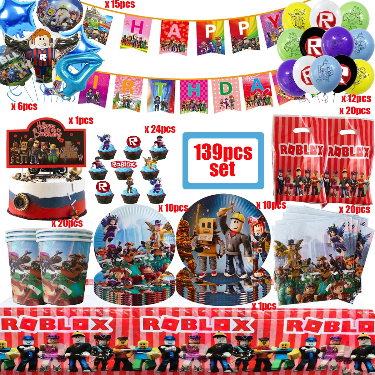 139PCS Roblox Birthday Decoration Party Kit Disposable Tableware Set Roblox Game Tablecloth Balloon Gift Bag Kids Party Supplies Good Vibrations