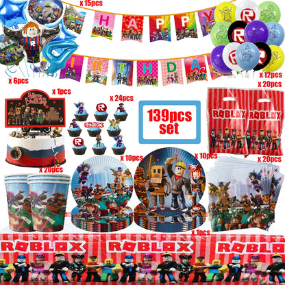 139PCS Roblox Birthday Decoration Party Kit Disposable Tableware Set Roblox Game Tablecloth Balloon Gift Bag Kids Party Supplies Good Vibrations