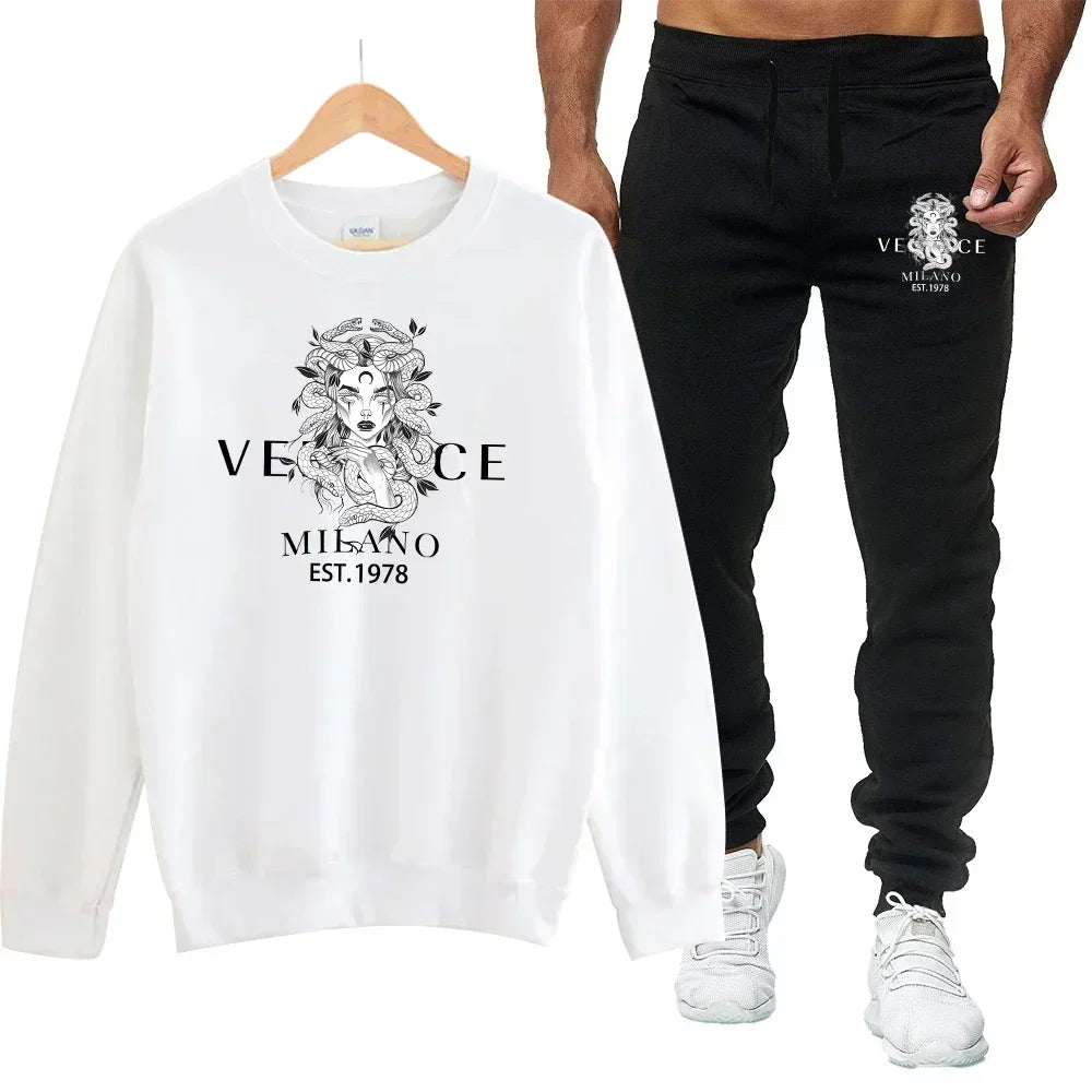Men's Autumn Round Neck Sweatshirt + Sweatpants Luxury Print Simple Casual Versatile Casual Sports Two-piece Set for Men Good Vibrations