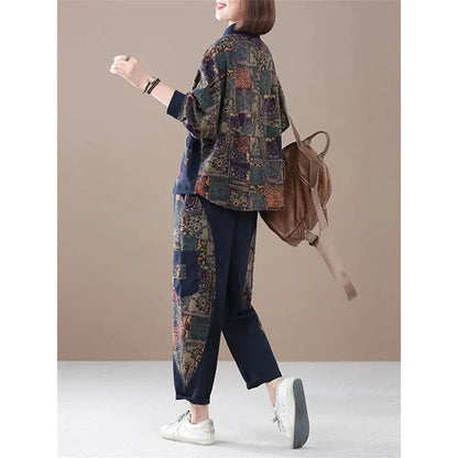 Women Suit Spring and Autumn New Korean Printed Two-piece Set Female Fashionable Casual Cotton And linen Outfit Femme 2PCS ﻿ Good Vibrations