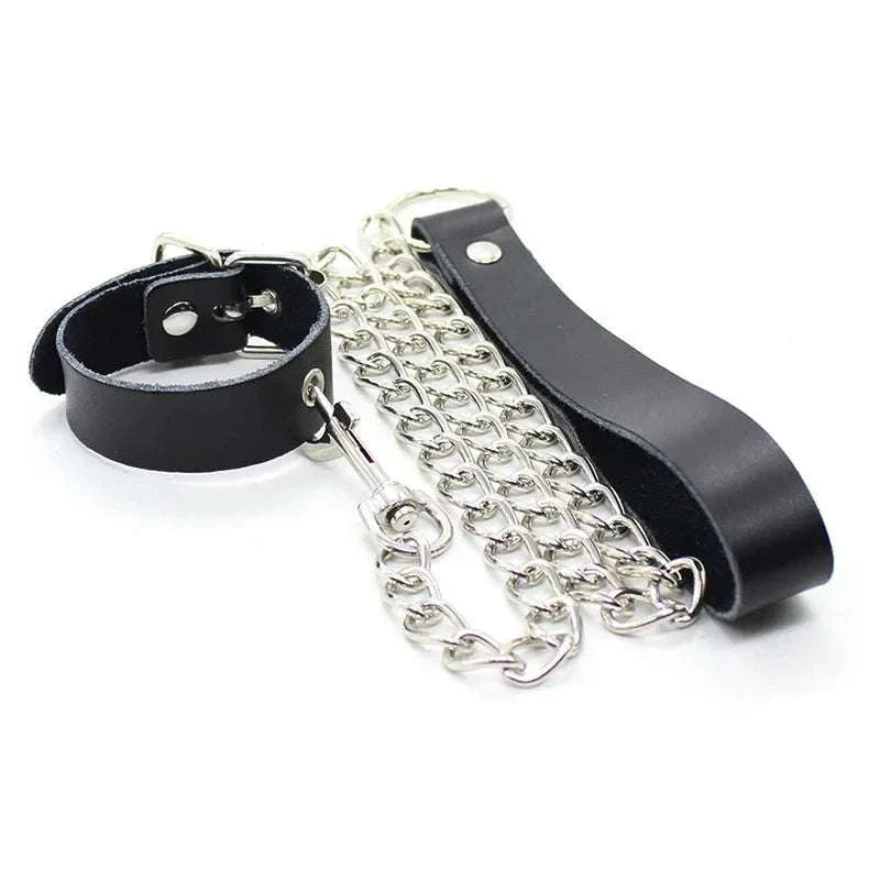 Leather penis ring with metal chain, BDSM bondage accessory for male sexual exercise.