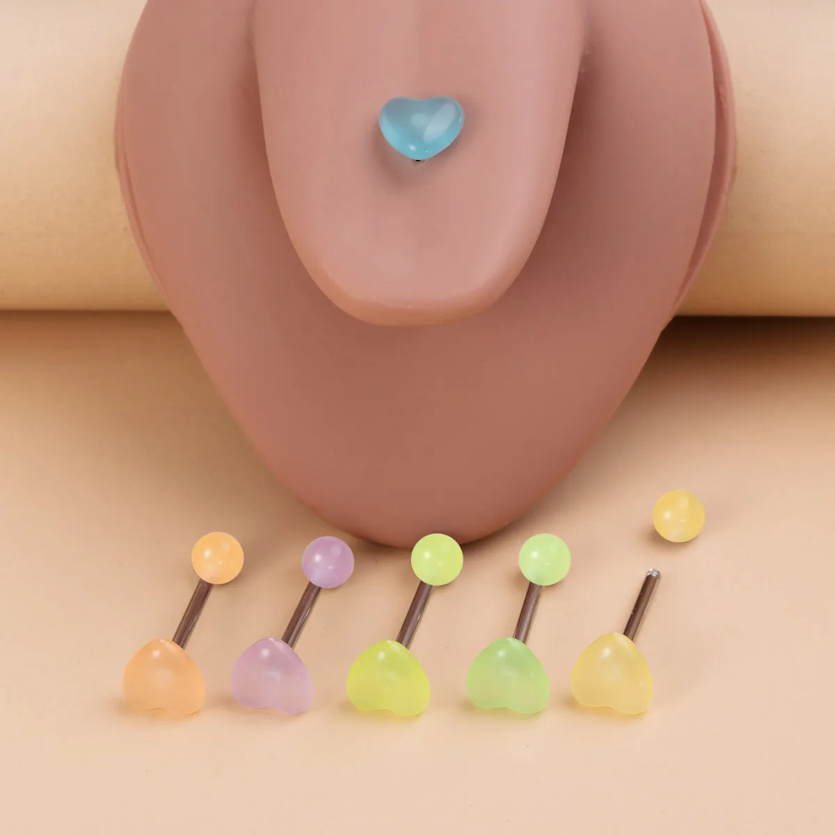 6pcs Heart Acrylic Glowing Tongue Ring Barbell 316L Stainless Steel Bar Tongue Piercing Body Jewelry 14G Good Vibrations