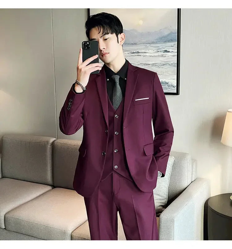 Suit (suit +Vest+Pants) Formal Business Men Four Seasons Professional Fashion Gentleman Solid Color Outdoor British Style Suit