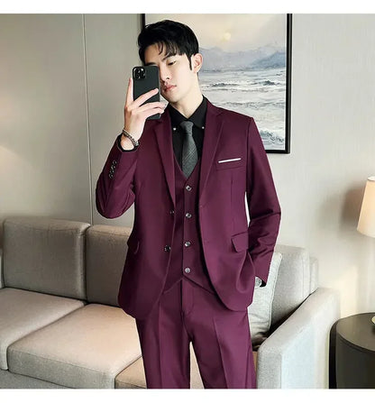 Suit (suit +Vest+Pants) Formal Business Men Four Seasons Professional Fashion Gentleman Solid Color Outdoor British Style Suit