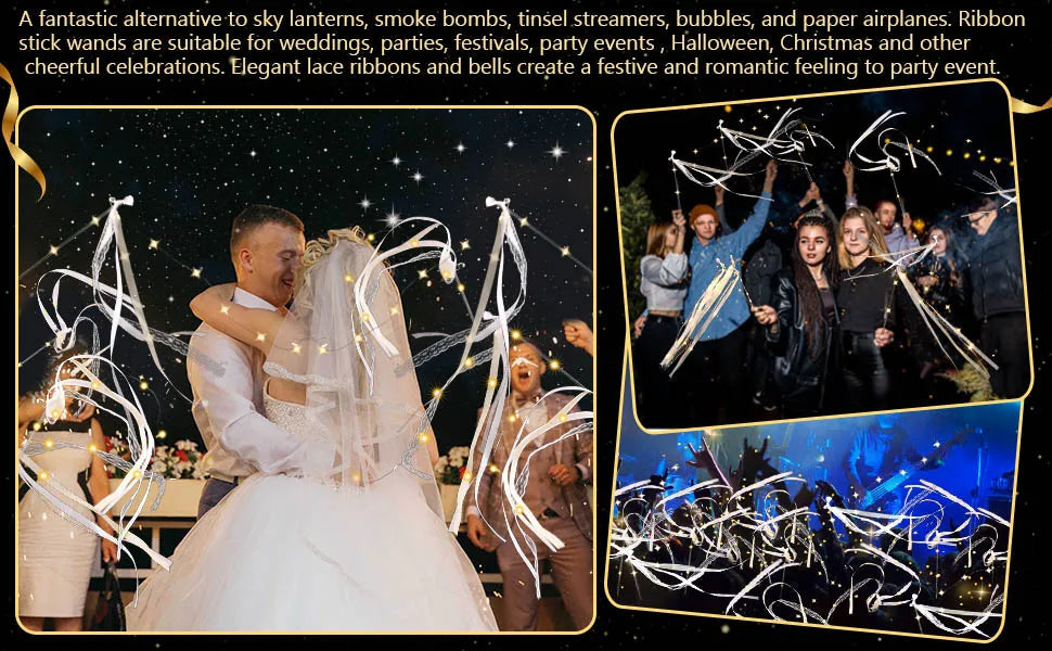 20-60Pcs Light up Wedding Wands LED Ribbon Wands Sparklers with Bells, Wedding Exit Send Off, Dance Floor Props, Wedding Favors Good Vibrations