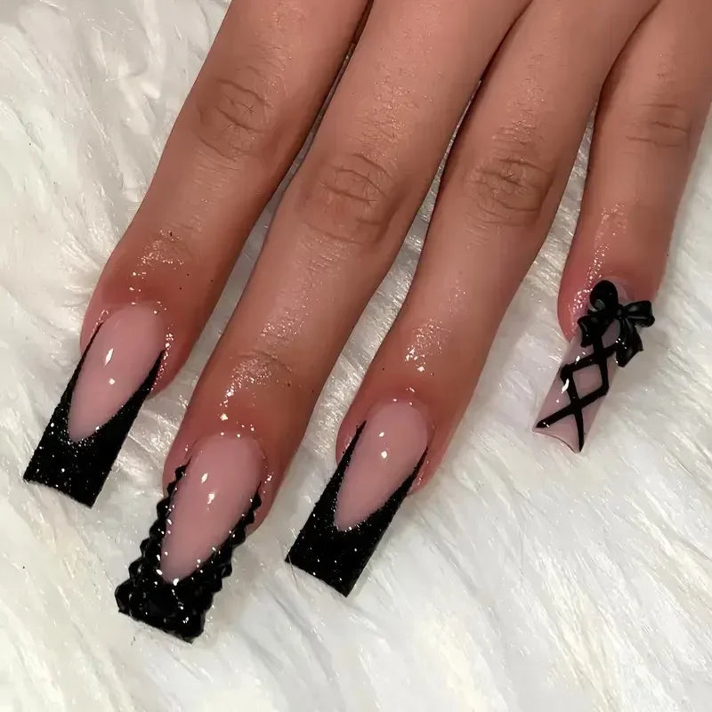 24Pcs Long Coffin French False Nails with Glue Bow Diamond Stick on Press on Acrylic Nails Black Ballerina Nail Art Manicure Tip Good Vibrations