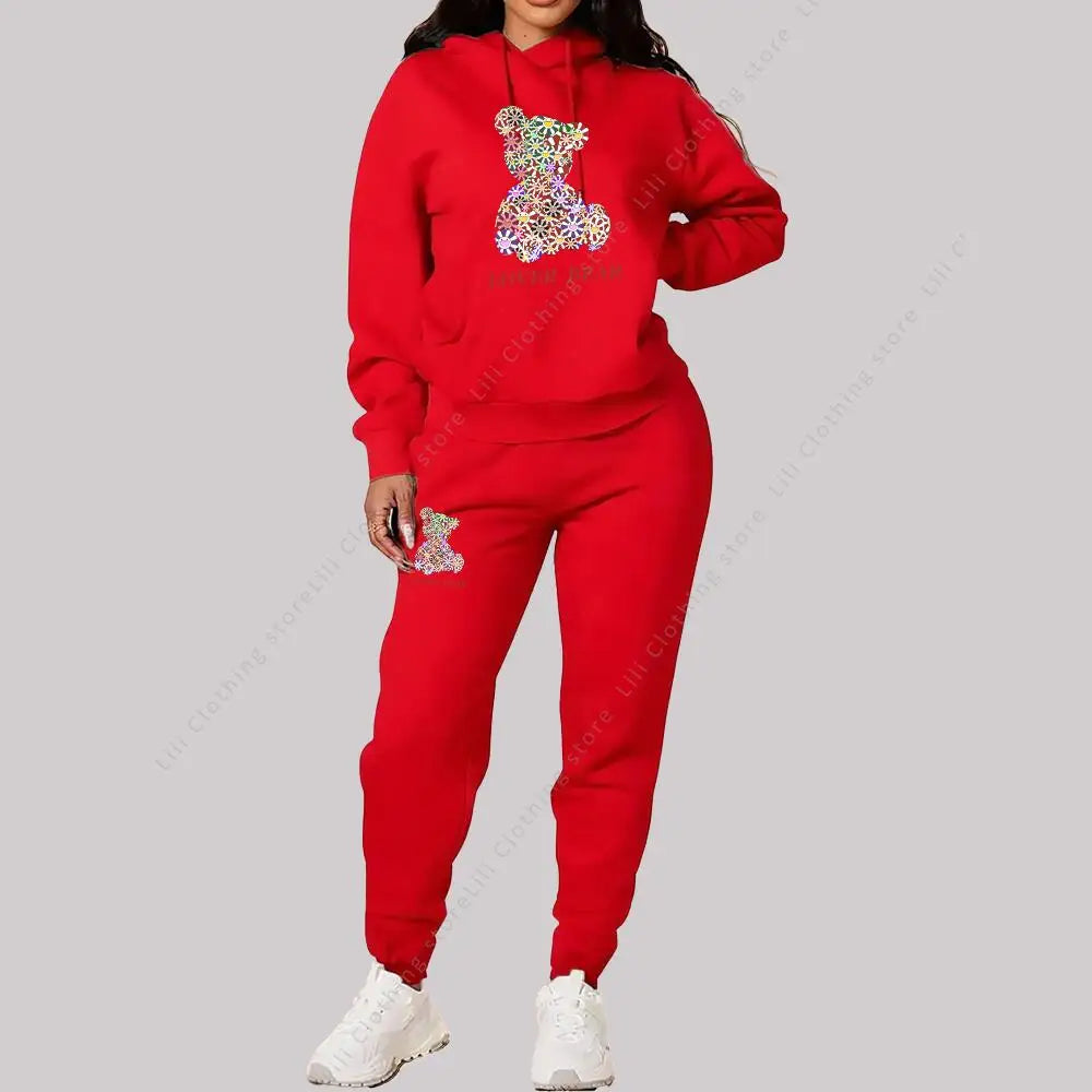 Women's Sets Hoodies Pants Outfits Suit 2025 New Sportswear Sweatsuit Bear Graphic Letter Print Aesthetic Trend Ladies Tracksuit Good Vibrations