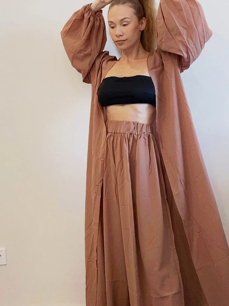 Women 3 Piece Sets Homewear Fashion Casual Lantern Sleeve Cardigan Tops+Wide Leg Pants Suits Lady Spring Soft Three Piece Outfit Good Vibrations