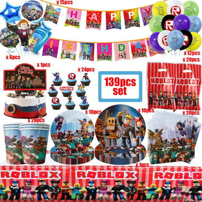 139PCS Roblox Birthday Decoration Party Kit Disposable Tableware Set Roblox Game Tablecloth Balloon Gift Bag Kids Party Supplies Good Vibrations