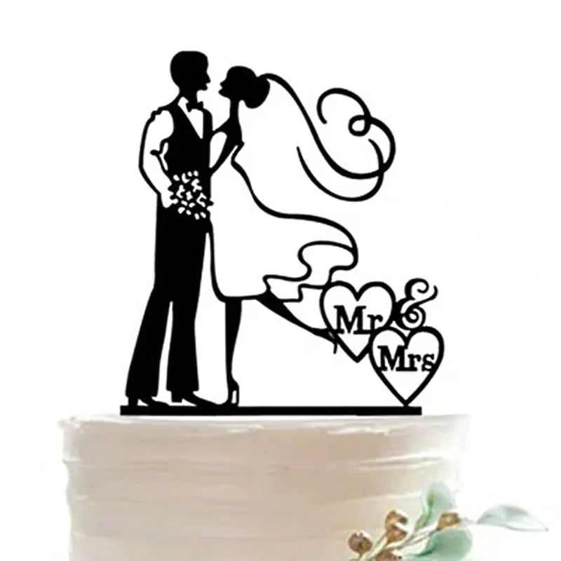 Mrs & Mrs Wedding Party Cake Topper Gold Black Ring Acrylic Wedding Cake Toppers Dessert Decoration Bride Groom Baking Supplies Good Vibrations