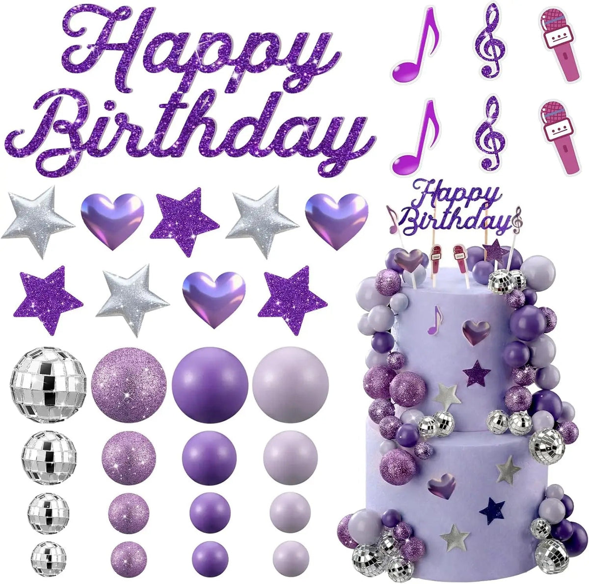 Complete K-Pop Party Cake Topper: Purple Disco Balls, Mic, Hearts & “Happy Birthday” – Music Theme Decor Good Vibrations