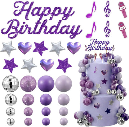Complete K-Pop Party Cake Topper: Purple Disco Balls, Mic, Hearts & “Happy Birthday” – Music Theme Decor Good Vibrations