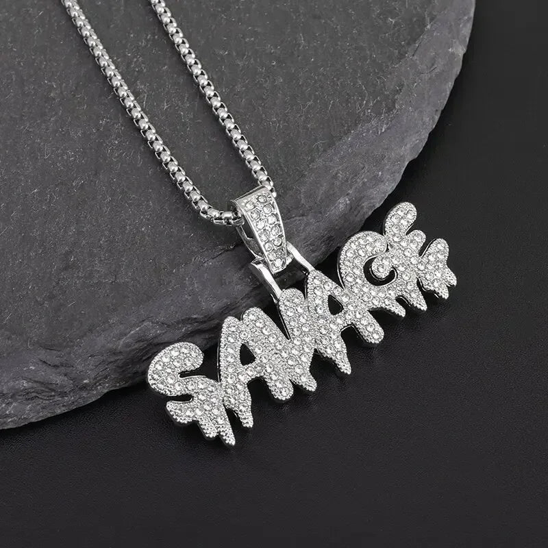 Hip Hop Ice Out Square Crystal S-A-V-A-G-E Letter Pendant Necklace for Men and Women Street One Last Party Trendy Jewelry Gift Good Vibrations