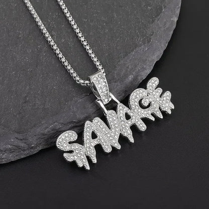 Hip Hop Ice Out Square Crystal S-A-V-A-G-E Letter Pendant Necklace for Men and Women Street One Last Party Trendy Jewelry Gift Good Vibrations